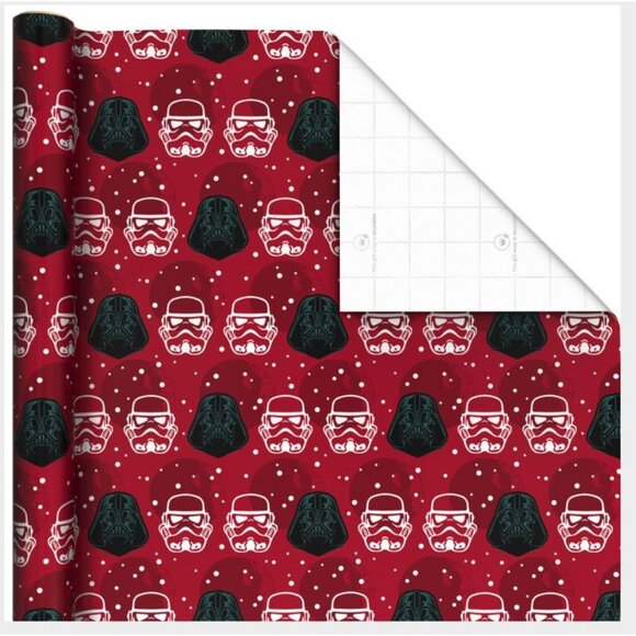 Hallmark Wrapping Paper Christmas Darth Vader Stormtrooper Helmets Red 25 sq ft - Picture 2 of 5